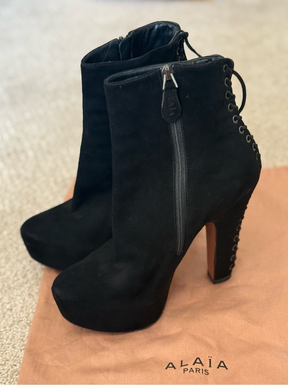 Alaïa Black Suede Lace-Back Platform Ankle Boots
